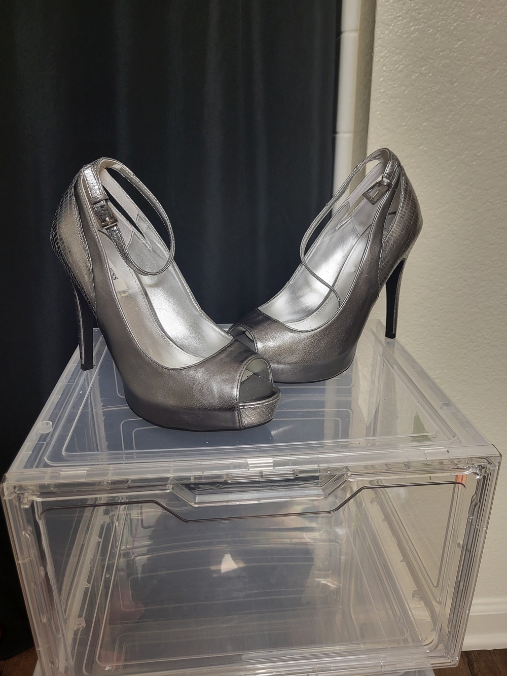 GUESS Metallic Pewter Peep-Toe Ankle Strap Heels